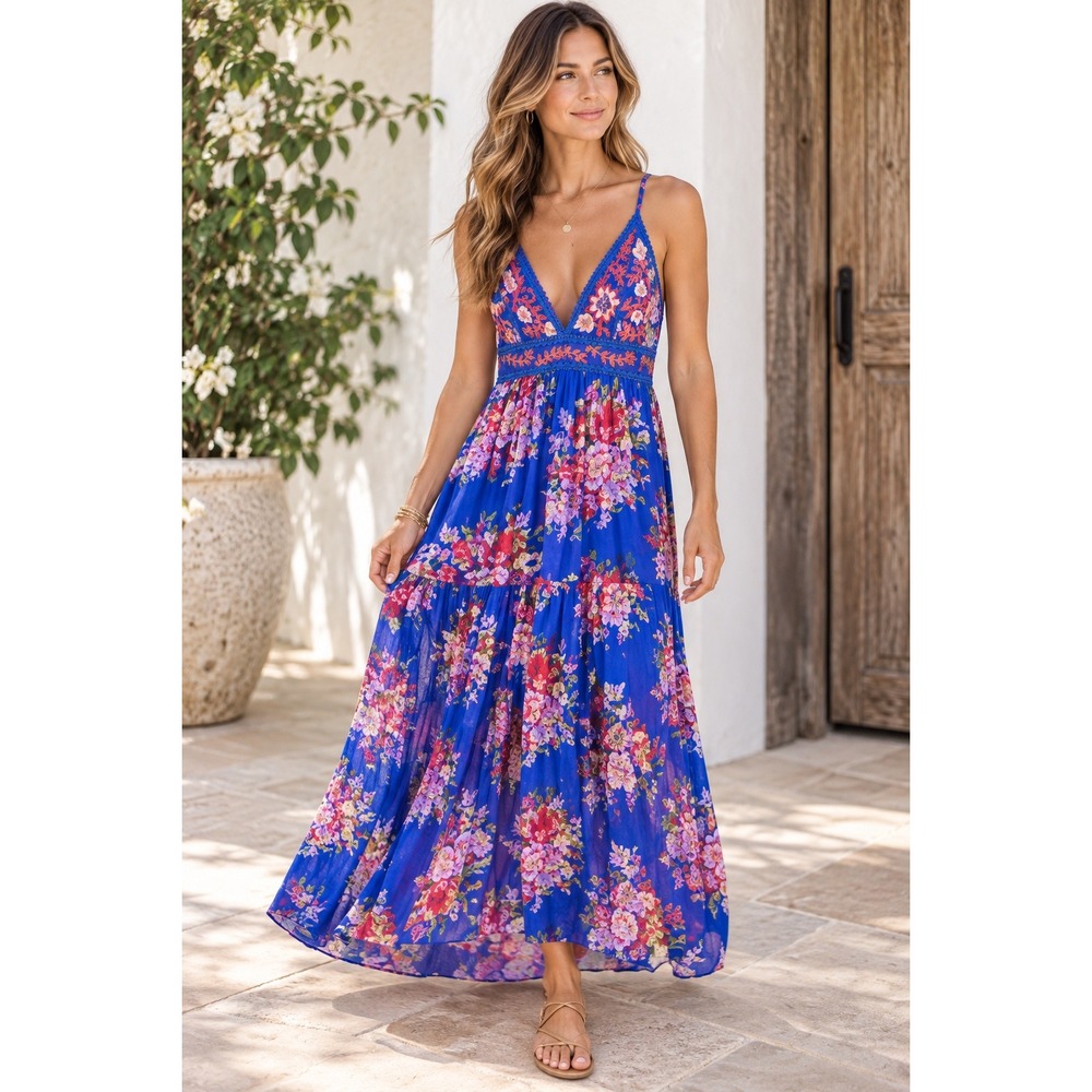 Free People Maxi Dress Womens M Blue Embroidered Boho Cottagecore Festival